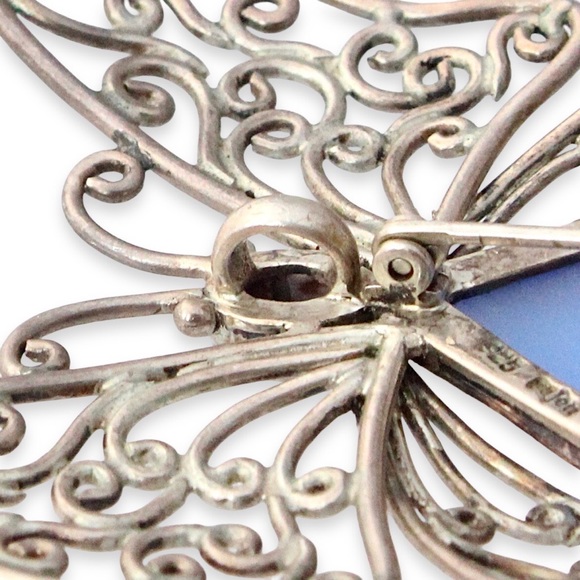 Sajen Sterling Silver Butterfly Pendant / Brooch Blue Cat’s Eye Glass Stone - Picture 4 of 5